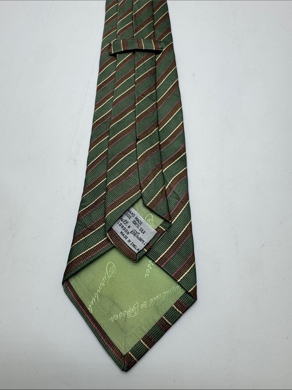 Turnbull & Asser Green Striped Silk Tie with Brown and Cream Accents #0045 - Picture 2 of 5
